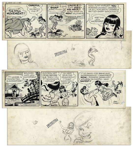''Li'l Abner'' Pair of Comic Strips Hand-Drawn & Signed by Al Capp From 17 & 18 October 1966 -- Li'l Abner as Li'l Abnai Yokumoto -- 19.75'' x 6.25'' -- Pencil on Verso, Near Fine