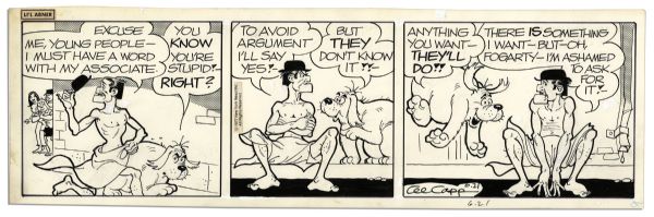 Four ''Li'l Abner'' Comic Strips Featuring Fosdick & Fogarty -- 20-23 June 1977, The Strip's Last Year -- Drawn & Signed by Capp -- 19.5'' x 6.25'' -- Toning & White Out, Near Fine
