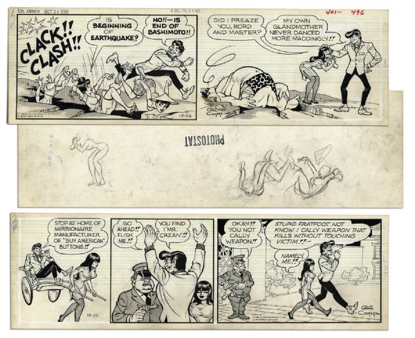 Pair of ''Li'l Abner'' Strips, Hand-Drawn & Signed by Al Capp From 24-25 October 1966 With Li'l Abner as Japanese Alter Ego ''Li'l Abnai Yokumoto'' -- 19.75'' x 6.25'' -- Near Fine
