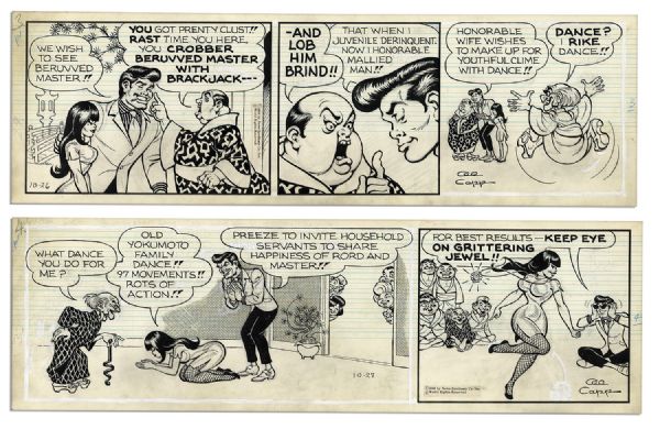 Pair of ''Li'l Abner'' Comic Strips, Both Hand-Drawn & Signed by Al Capp From 26-27 October 1966 -- With Li'l Abner as Japanese Alter Ego ''Li'l Abnai Yokumoto'' -- 19.75'' x 6.25'' -- Near Fine