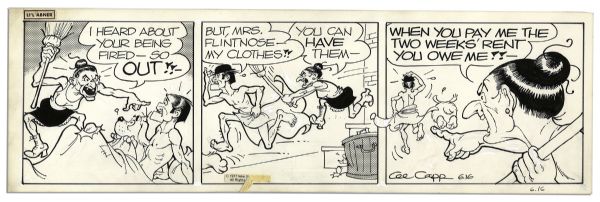 ''Li'l Abner'' 4 Comic Strips Hand-Drawn & Signed by Al Capp From 15-18 June 1977 -- The Strip's Last Year -- Featuring Fearless Fosdick & Mrs. Flintnose -- 19.75'' x 6.25'' -- Near Fine