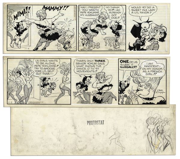 ''Li'l Abner'' Pair of Strips Drawn & Signed by Al Capp From 4 & 5 November 1966 Featuring The Japan Storyline With Mammy, Mimi And Pepe Yokumme -- 19.75'' x 6.25'' -- Sketch to Verso, Near Fine