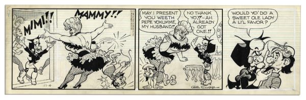 ''Li'l Abner'' Pair of Strips Drawn & Signed by Al Capp From 4 & 5 November 1966 Featuring The Japan Storyline With Mammy, Mimi And Pepe Yokumme -- 19.75'' x 6.25'' -- Sketch to Verso, Near Fine