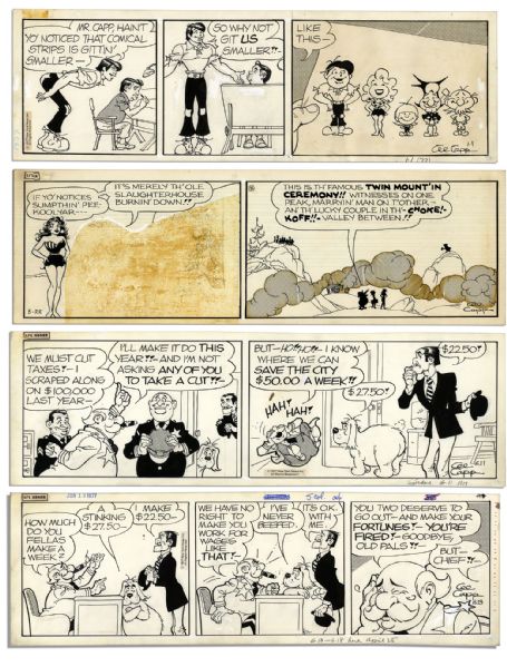Lot of 4 ''Li'l Abner'' Comic Strips From 1977 Hand-Drawn & Signed by Al Capp -- With Abner, Capp's Self-Sketch, Mammy, Pappy & Moonbeam -- 19.75'' x 6.25'' -- Toning & Missing Segment, Good