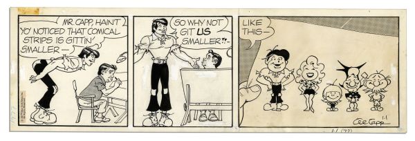 Lot of 4 ''Li'l Abner'' Comic Strips From 1977 Hand-Drawn & Signed by Al Capp -- With Abner, Capp's Self-Sketch, Mammy, Pappy & Moonbeam -- 19.75'' x 6.25'' -- Toning & Missing Segment, Good