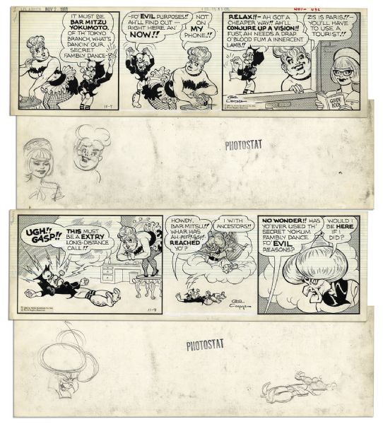 ''Li'l Abner'' Pair of Comic Strips Hand-Drawn & Signed by Al Capp -- From 7 & 9 November 1966 -- Featuring Mammy & Mimi Yokum -- 19.75'' x 6.25'' -- Sketches to Verso, Near Fine