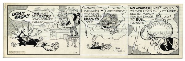 ''Li'l Abner'' Pair of Comic Strips Hand-Drawn & Signed by Al Capp -- From 7 & 9 November 1966 -- Featuring Mammy & Mimi Yokum -- 19.75'' x 6.25'' -- Sketches to Verso, Near Fine