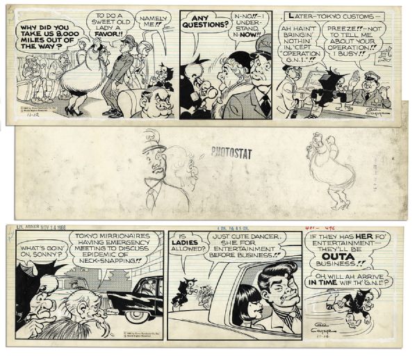 ''Li'l Abner'' Pair of Comic Strips Hand-Drawn & Signed by Al Capp From 12 & 14 Nov. 1966 -- Featuring Li'l Abner as Li'l Abnai Yokumoto & Mammy -- 19.75'' x 6.25'' -- Sketch to Verso, Near Fine