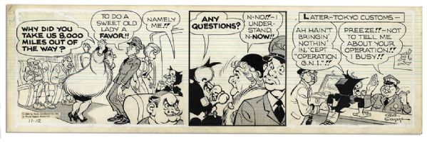 ''Li'l Abner'' Pair of Comic Strips Hand-Drawn & Signed by Al Capp From 12 & 14 Nov. 1966 -- Featuring Li'l Abner as Li'l Abnai Yokumoto & Mammy -- 19.75'' x 6.25'' -- Sketch to Verso, Near Fine