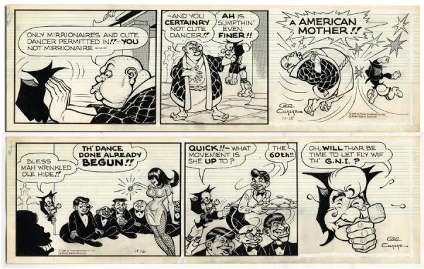 ''Li'l Abner'' Pair of Comic Strips Hand-Drawn & Signed by Al Capp -- From 15 & 16 November 1966 -- Japan Storyline, Mammy References ''Good Night Irene'' Punch -- 19.75'' x 6.25'' -- Near Fine