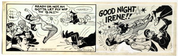 ''Li'l Abner'' 2 Comic Strips Hand-Drawn & Signed by Al Capp From 17 & 18 November 1966 -- Japan Storyline, Mammy Delivers Her Trademark ''Good Night Irene'' Punch -- 19.75'' x 6.25'' -- Near Fine