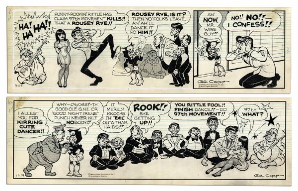 ''Li'l Abner'' Pair of Comic Strips Drawn & Signed by Capp -- The Japan Storyline Featuring Mammy Mentioning The ''Good Night Irene'' Punch -- 19.75'' x 6.25'' -- Near Fine 