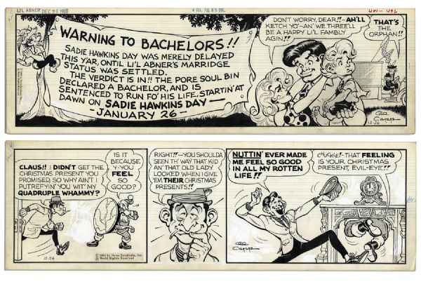 ''Li'l Abner'' Pair of Comic Strips Hand-Drawn & Signed by Al Capp From 26 & 29 November 1966 -- One Features Abner, Daisy Mae & Honest Abe -- 22.5'' x 7'' -- White Out & Toning, Near Fine