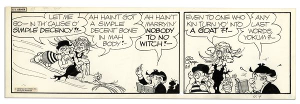 Lot of 4 ''Li'l Abner'' Comic Strips From 1-4 November 1976 -- Hand-Drawn & Signed by Al Capp Featuring Sadie Hawkins Day -- 19.5'' x 6.25'' -- Toning & White Out, Near Fine
