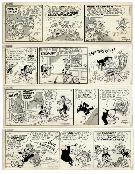 ''Li'l Abner'' Lot of 4 Strips Drawn & Signed by Al Capp From January of 1974 Featuring Li'l Abner While Mammy Robs a Bank -- 19.5'' x 6.25'' -- Toning & White Out, Near Fine  