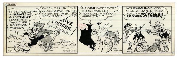 ''Li'l Abner'' Lot of 4 Strips Drawn & Signed by Al Capp From January of 1974 Featuring Li'l Abner While Mammy Robs a Bank -- 19.5'' x 6.25'' -- Toning & White Out, Near Fine  
