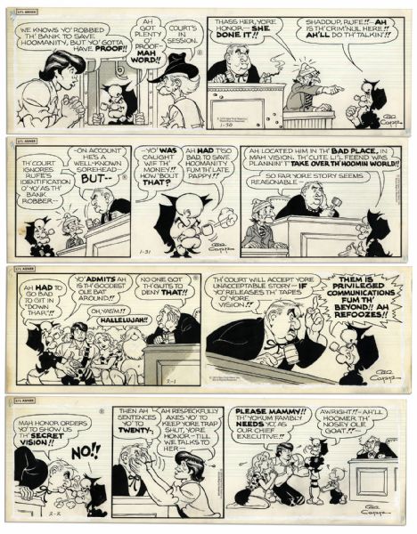 ''Li'l Abner'' Lot of 4 Strips From 1974 Drawn & Signed by Al Capp -- Featuring The Yokum Family Rallying in Court After Mammy Robs a Bank -- 19.75'' x 6.25'' -- Near Fine