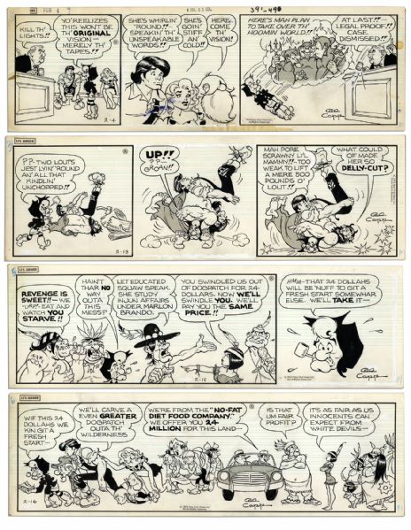 ''Li'l Abner'' Lot of 4 Strips From 1974 -- Yokum Family & Native Americans, With a Joke About Marlon Brando as Champion of Indian Affairs -- 19.75'' x 6.25'' -- Scattered Staining, Near Fine