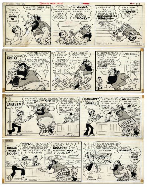 ''Li'l Abner'' Lot of 4 Strips Drawn & Signed by Al Capp From 25-28 February 1974 -- Featuring Kung Fu Artists & Commentary on Violence -- 19.75'' x 6.25'' -- White Out & Tape, Else Near Fine