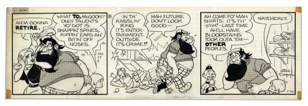 ''Li'l Abner'' Lot of 4 Strips Drawn & Signed by Al Capp From 25-28 February 1974 -- Featuring Kung Fu Artists & Commentary on Violence -- 19.75'' x 6.25'' -- White Out & Tape, Else Near Fine