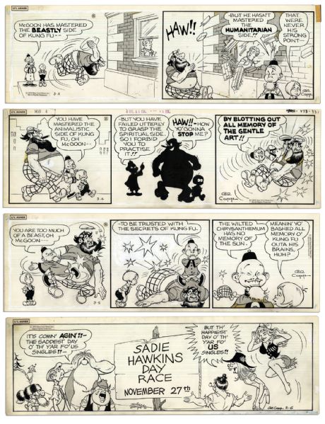 Lot of 4 ''Li'l Abner'' Comic Strips From 1974 -- Hand-Drawn & Signed by Al Capp With One Strip Featuring His Famed ''Sadie Hawkins Day Race'' -- 19.5'' x 6.25'' -- Toning & White Out, Near Fine