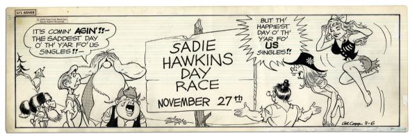 Lot of 4 ''Li'l Abner'' Comic Strips From 1974 -- Hand-Drawn & Signed by Al Capp With One Strip Featuring His Famed ''Sadie Hawkins Day Race'' -- 19.5'' x 6.25'' -- Toning & White Out, Near Fine