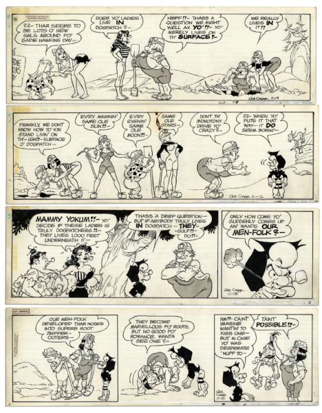 Lot of 4 ''Li'l Abner'' Comic Strips From November 1974 -- Hand-Drawn & Signed by Al Capp Featuring Mammy Yokum & Sadie Hawkins Day -- 19.5'' x 6.25'' -- 9, 12, 13 & 15 November 1974