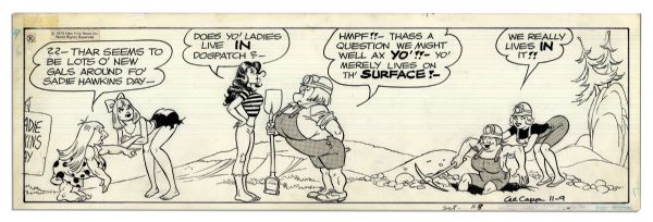 Lot of 4 ''Li'l Abner'' Comic Strips From November 1974 -- Hand-Drawn & Signed by Al Capp Featuring Mammy Yokum & Sadie Hawkins Day -- 19.5'' x 6.25'' -- 9, 12, 13 & 15 November 1974