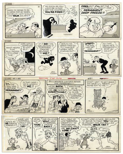 Lot of 4 ''Li'l Abner'' 1973 Comic Strips -- Hand-Drawn & Signed by Al Capp, Who Adds Pencil Sketches to Versos -- With Pappy & Bullmoose -- 19.75'' x 6.25'' -- Toning & White Out, Near Fine