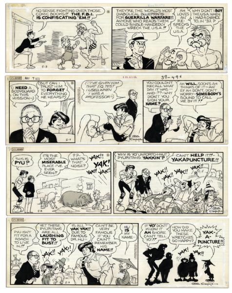 Lot of 4 ''Li'l Abner'' 1973 Comic Strips -- Featuring Abner -- Hand-Drawn & Signed by Al Capp, Who Adds Pencil Sketches to Verso of 3 -- 19.75'' x 6.25'' -- Toning & White Out, Near Fine