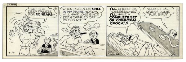 Lot of 4 ''Li'l Abner'' 1973 Comic Strips Featuring Hefner Spoof -- Hand-Drawn & Signed by Al Capp, Who Adds Pencil Sketches to Versos of 3 -- 19.75'' x 6.25'' -- Toning & White Out, Near Fine