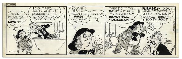 ''Li'l Abner'' Lot of 4 Strips Drawn & Signed by Al Capp From 10-13 April 1973 -- Featuring Bullmoose & Barney Oldgoat -- 19.75'' x 6.25'' --With Sketches to Verso -- Toning, Else Near Fine
