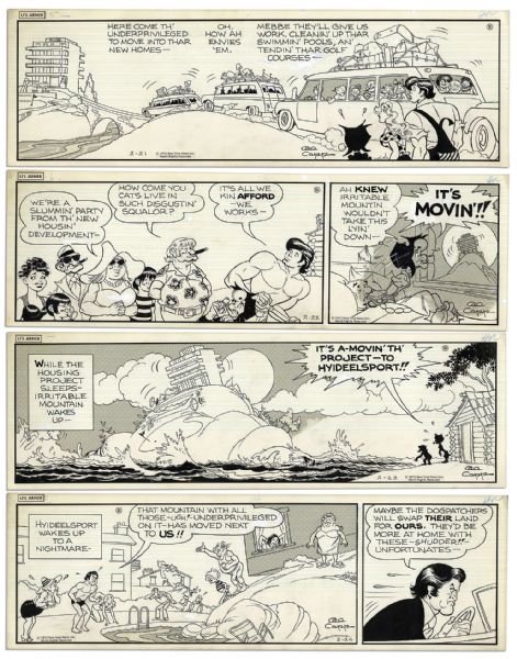 Lot of 4 ''Li'l Abner'' 1973 Comic Strips -- Hand-Drawn & Signed by Al Capp, Who Adds Pencil Sketches to 3 -- With Abner, Daisy Mae & Mammy -- 19.75'' x 6.25'' -- Toning & White Out, Near Fine
