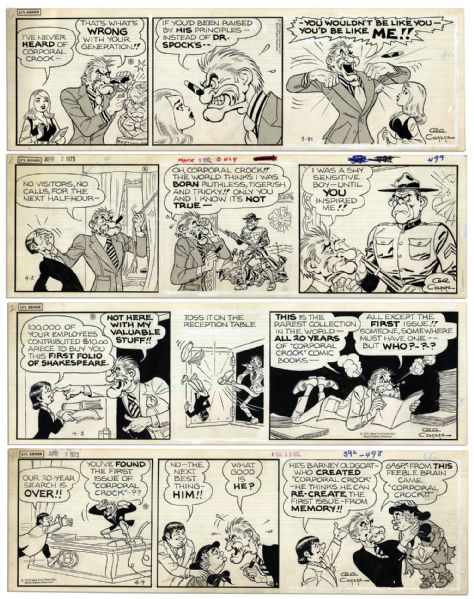 Lot of 4 ''Li'l Abner'' 1973 Comic Strips -- Hand-Drawn & Signed by Al Capp -- Featuring Bullmoose & Barney Oldgoat -- 19.75'' x 6.25'' -- Toning & White Out, Near Fine