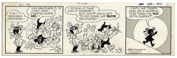 Lot of 4 ''Li'l Abner'' 1972 Comic Strips -- Honest Abe & Myra B. Mudlark -- Drawn & Signed by Al Capp, Who Adds a Sketch to Verso of One -- 19.75'' x 6.25'' -- Toning & White Out, Near Fine