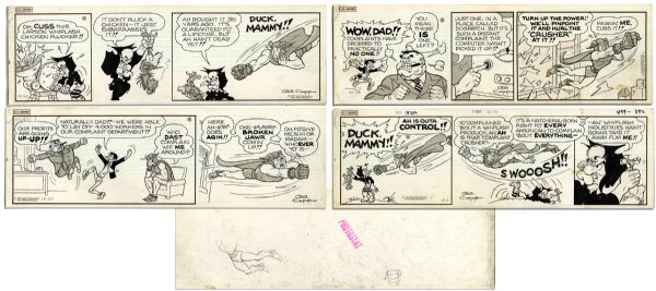 Lot of 4 ''Li'l Abner'' 1971 Strips Drawn & Signed by Al Capp, Who Adds Pencil Sketches to Versos of 3 -- Li'l Abner as a Superhero & Mammy -- 19.75'' x 6.25'' -- Toning & White Out, Near Fine