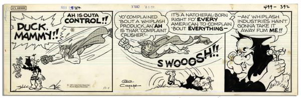 Lot of 4 ''Li'l Abner'' 1971 Strips Drawn & Signed by Al Capp, Who Adds Pencil Sketches to Versos of 3 -- Li'l Abner as a Superhero & Mammy -- 19.75'' x 6.25'' -- Toning & White Out, Near Fine