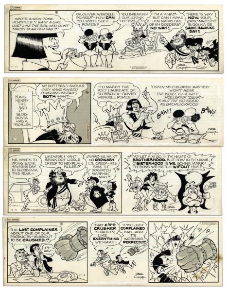 Lot of 4 ''Li'l Abner'' Comic Strips From 1971 -- Hand-Drawn & Signed by Al Capp, Who Adds a Pencil Sketch to Verso of One -- 19.75'' x 6.25'' -- Toning & White Out, Near Fine