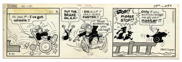 Lot of 4 ''Li'l Abner'' Comic Strips Drawn & Signed by Al Capp From 1971 -- Fosdick Strip of The 3 Old Women, Li'l Abner -- Pencil Sketch to Verso -- 19.75'' x 6.25'' -- Toning, Near Fine