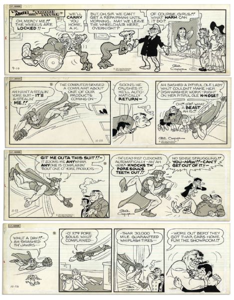 Lot of 4 ''Li'l Abner'' Comic Strips From 1971 Hand-Drawn & Signed by Al Capp, Who Adds Sketches to Versos of 3 -- With ''Fearless Fosdick'' -- 19.75'' x 6.25'' -- Toning & White Out, Near Fine