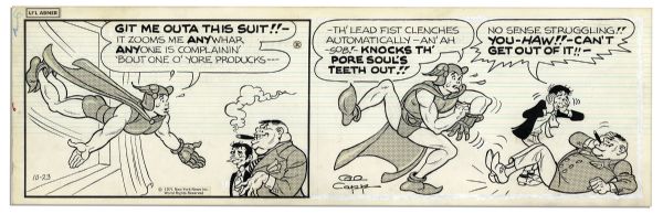 Lot of 4 ''Li'l Abner'' Comic Strips From 1971 Hand-Drawn & Signed by Al Capp, Who Adds Sketches to Versos of 3 -- With ''Fearless Fosdick'' -- 19.75'' x 6.25'' -- Toning & White Out, Near Fine