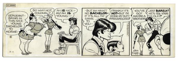 Lot of 4 ''Li'l Abner'' 1971 Comic Strips Drawn & Signed by Al Capp -- Featuring Honest Abe, Myra B. Mudlark, Abner & Daisy Mae -- 19.75'' x 6.25'' -- Toning & White Out, Near Fine