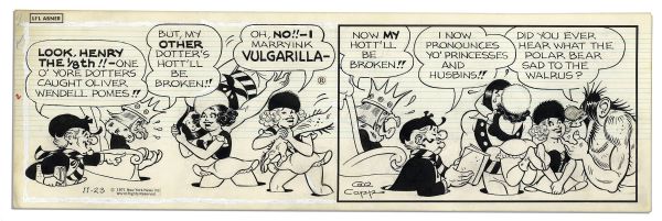 Lot of 4 ''Li'l Abner'' 1970 Comic Strips Drawn & Signed by Al Capp, Who Sketches in Versos -- Abner, Skeets Charleston & Tommy Wholesome -- 19.75'' x 6.25'' -- Toning & White Out, Near Fine