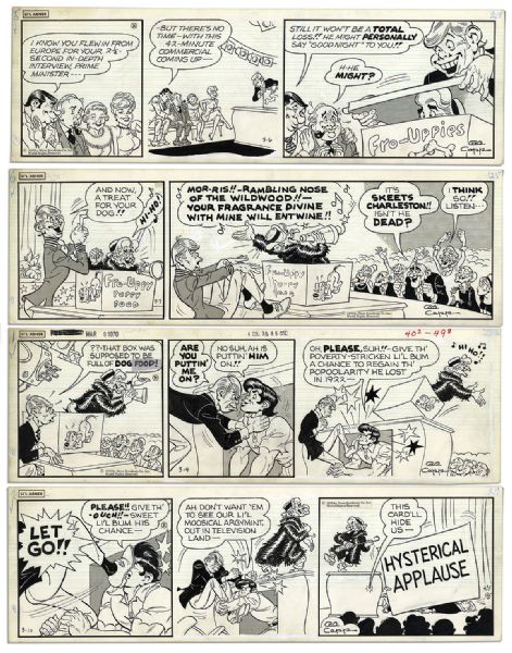 Lot of 4 ''Li'l Abner'' 1970 Comic Strips Drawn & Signed by Al Capp, Who Sketches on Versos -- With Abner, Skeets Charleston, Tommy Wholesome -- 19.75'' x 6.25'' -- Toning & White Out, Near Fine