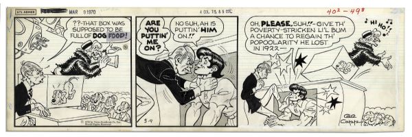 Lot of 4 ''Li'l Abner'' 1970 Comic Strips Drawn & Signed by Al Capp, Who Sketches on Versos -- With Abner, Skeets Charleston, Tommy Wholesome -- 19.75'' x 6.25'' -- Toning & White Out, Near Fine
