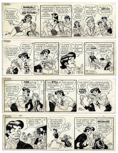 Lot of 4 ''Li'l Abner'' Comic Strips From 1970 With Abner -- Hand-Drawn & Signed by Al Capp, Who Adds Pencil Sketches to Versos of 3 -- 19.75'' x 6.25'' -- Toning & White Out, Near Fine