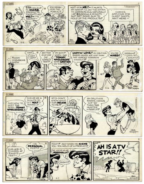 Lot of 4 ''Li'l Abner'' Comic Strips From the 1970s With Abner -- Hand-Drawn & Signed by Al Capp, Who Adds Pencil Sketches to Versos of All 4 -- 19.75'' x 6.25'' -- Toning & White Out, Near Fine