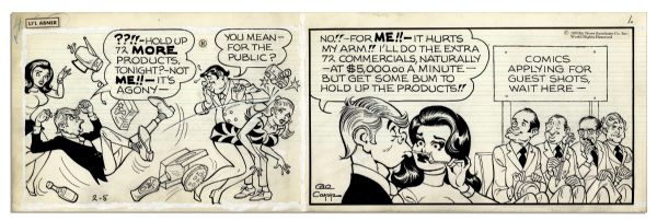 Lot of 4 ''Li'l Abner'' Comic Strips From the 1970s With Abner -- Hand-Drawn & Signed by Al Capp, Who Adds Pencil Sketches to Versos of All 4 -- 19.75'' x 6.25'' -- Toning & White Out, Near Fine
