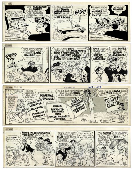 Lot of 4 ''Li'l Abner'' Comic Strips From 1970 -- Hand-Drawn & Signed by Al Capp - With One Strip Featuring Abner -- 19.5'' x 6.25'' -- Toning & White Out, Near Fine