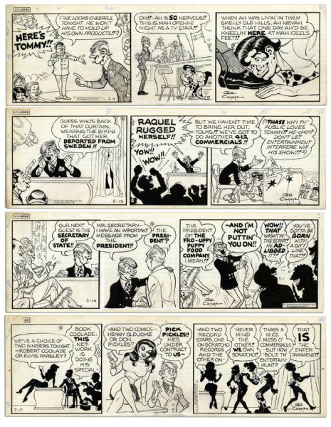 Lot of 4 ''Li'l Abner'' Comic Strips From 1970 -- Hand-Drawn & Signed by Al Capp Who Adds Pencil Sketches to Versos of All 4 -- 19.5'' x 6.25'' -- Toning & White Out, Near Fine